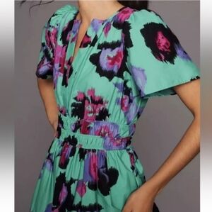 Anthropologie Teal and Purple Midi Dress Medium Somerset Floral
